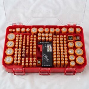 Battery Daddy Storage Case with Tester Red Double Sided Organizer Holds 180+